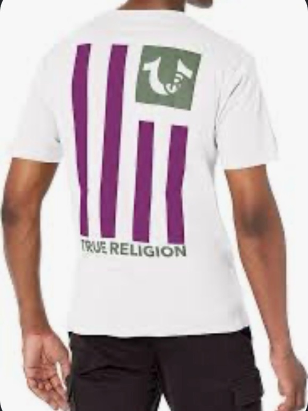 True Religion White Short-Sleeve Tee with Purple Stripes and Olive Logo